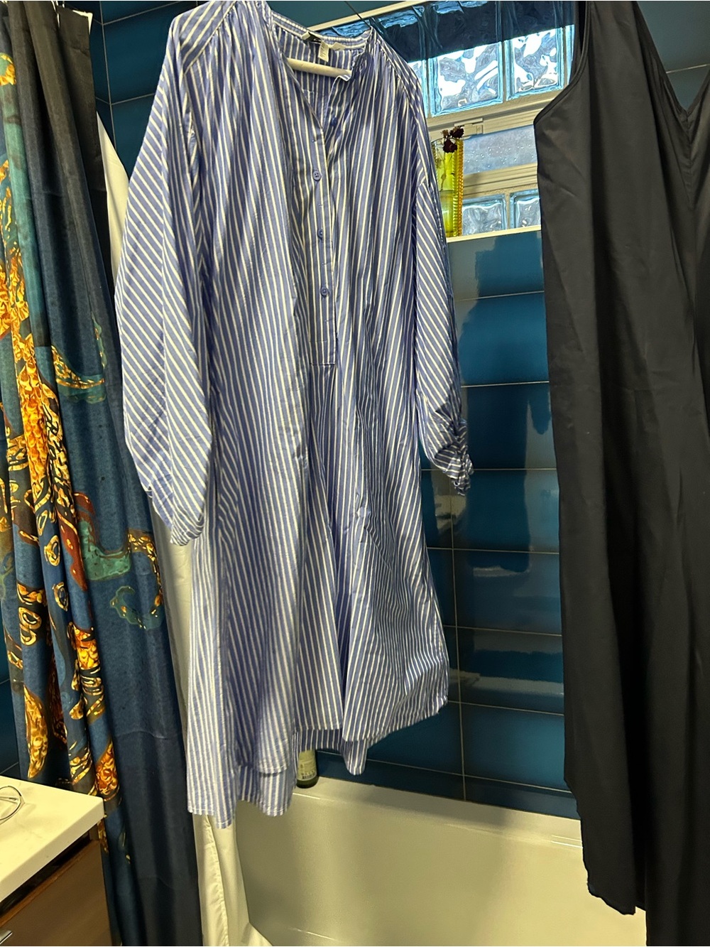 Women’s  Blue & White Stripe Casual Button-Down Shirt dress